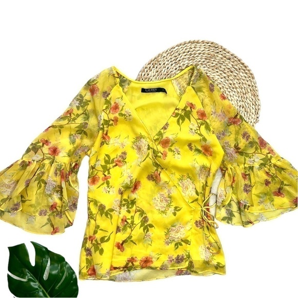 Lauren Ralph Lauren Floral Georgette Chiffon Wrap Bell Sleeve Blouse Size Small - Picture 4 of 17